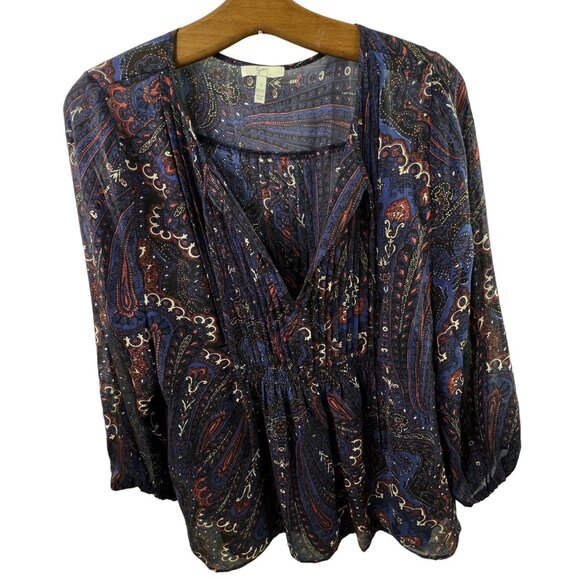 Joie Silk Shirt Size Small Paisley Print Long Sleeve V-Neck Blouse Multicolor Bo - Picture 1 of 8